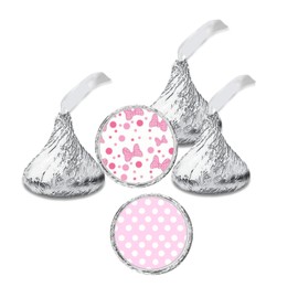 216 Pink chocolate drop kiss labels for a mouse or minnie themed birthday party stickers, tags, birthday decorations