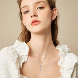 Rocayi Cross Necklace for Women 925 Sterling Silver Pink Tourmaline Necklace October Birthstone Necklace Rose Flower Pendent Religion Jewelry Gifts for Women Wife Girlfriend Mother Daughter Her