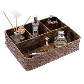 OLegei Wicker Storage Basket Shelf Basket Wicker Storage Box with 4 Compartments Table Organiser for Counter, Desk, Shelf (Coffee)