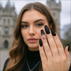 24Pcs Long Matte Black French Tip with Cherry Blossom Design, French Style nail for a Nice Fit, Nude to Charcoal Black Gradient Matte Oriental Art Style Nails Cherry Blossom (Pink black Flowers)