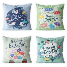 Pack of 4 Easter Cushion Covers, Happy Easter Cushion Covers, Cotton Linen Throw Cushion Covers, Rabbit Cushion Cover, Spring Seasons, Throw Cushion Cover, Decoration for Sofa Bed 43.2 x 43.2 cm