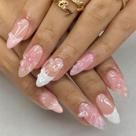 French Tips Press on Nails Almond Medium Fake Nails with 3D Flower Charms False Nails Almond Shaped Artificial Nails Reusable Stick on Nails 24pcs for Women Girls
