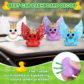 4pcs Angel Rubber Duck Car Decor with Glitter Wings (Purple/Blue/Red/White) + 16 Accessories - Squeaky Dashboard Decoration for Car Ducking, DIY Fun & Stress Relief