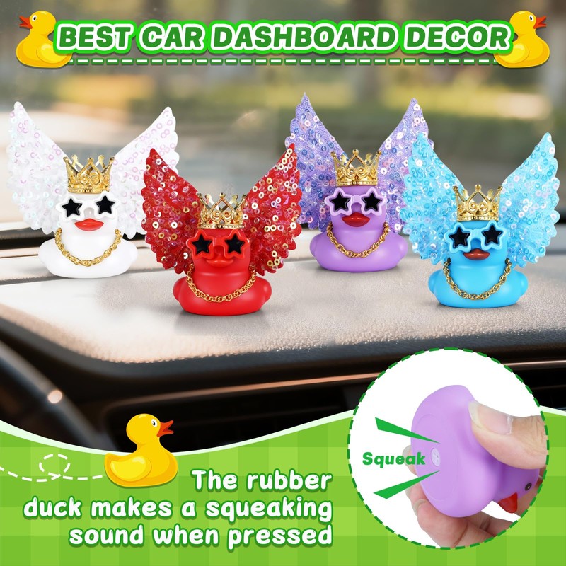 4pcs Angel Rubber Duck Car Decor with Glitter Wings (Purple/Blue/Red/White)