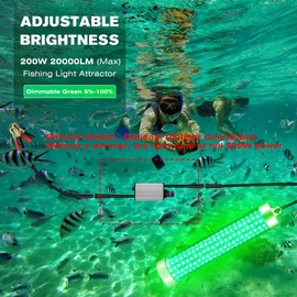 XXK F3 110V & 12V Green Fishing Light 200W 20000lm, Underwater Fish Attracting Light for Crappie Snook Bass Squid Bait Catfish at Night, 5%~100% Brightness Dimmable (33ft Cord)