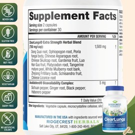 RidgeCrest Herbals RidgeCrest Herbals ClearLungs Extra Strength, Natural Lung, Nasal Health Formula, Bronchial, Respiratory, Sinus, Mucus Support (60 Caps, 30 Serv)