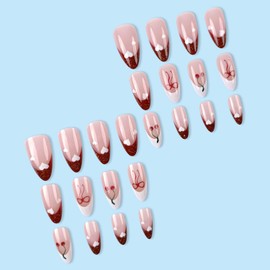 Almond Press on Nails Medium Glue on Nails Red French Fake Nails Cherry Bow False Nails White Heart Translucent Acrylic Nails Cute Stick on Nails for Women Girl 24 Pcs