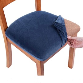 Homaxy Velvet Dining Chair Seat Covers Set of 2, Stretch Dining Chair Slipcovers with Ties, Removable Washable Dining Chair Seat Protector Cover, Navy Blue