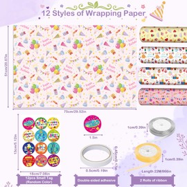 Shinybox Birthday Wrapping Paper, 12 Pieces Birthday Wrapping Paper Set and 12 Gift Stickers with 2 Rolls of Ribbon, Gift Wrapping Paper for Birthday Parties, Gift Wrapping Paper for All
