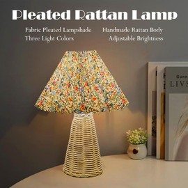 Pleated Table Lamp Bedside Night Lamp, Rattan Base, Fabric Pleated Lampshade, Adjustable Light Color and Brightness, USB Powered, Vintage Style Light for Bedroom Living Room Office (Conical-Floral)