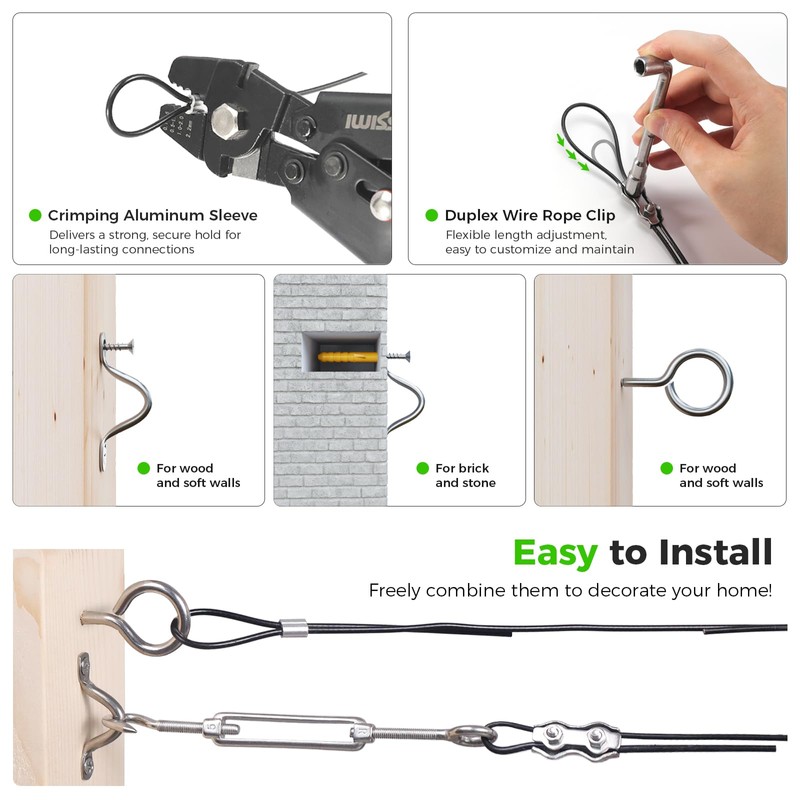 WAYSKA String Light Hanging Kit with 250FT Nylon Coated Stainless