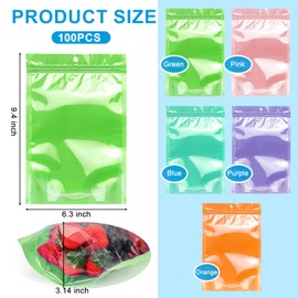 100 Pack Mylar Bags for Food Storage with Window,6.3x9.4 Inch Resealable Valentine Treat Bags for Small Susiness,Smell Proof Ziplock Bag Various Sizes,Stand Up Pouches for Coffee,Snack (Purple)