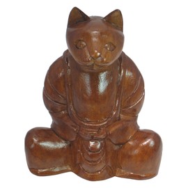Brave Wings Hand Carved Wooden Cat ~ Meditating Cat 17cm High ~ Ornament Sculpture Figurine Statue Unique Table Decoration Home Decor ~ 5163