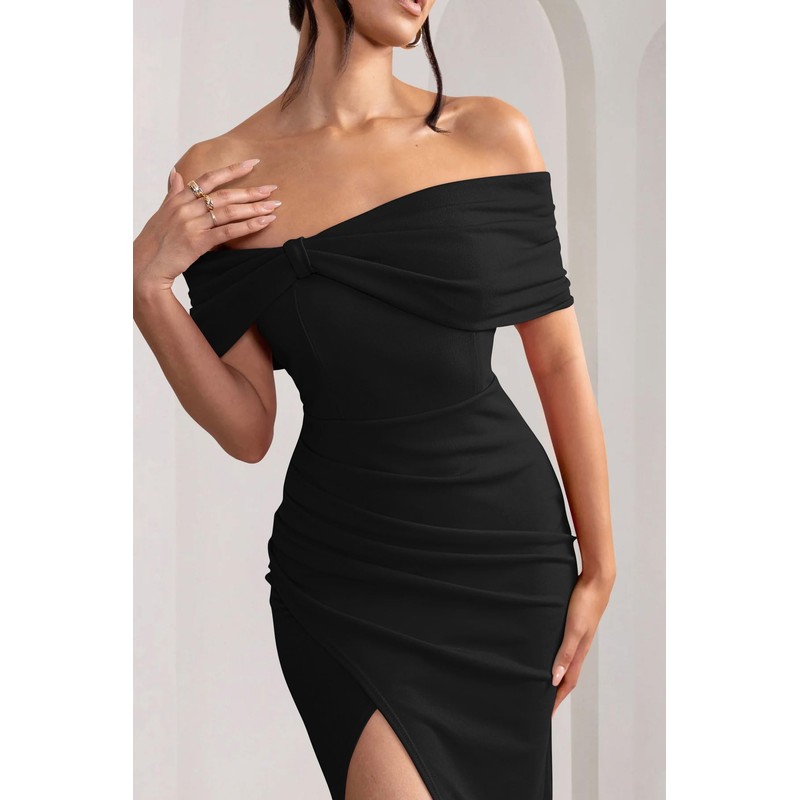 GOBLES Women's Elegant Strapless Ruffle Shoulder Short Sleeve Side Split