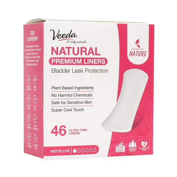 Naturalena Brands UK Limited Veeda Daily Natural Incontinence Postpartum Panty Liner, Assorbimento Petite Lite, Lungo Lunghezza, 46 Count
