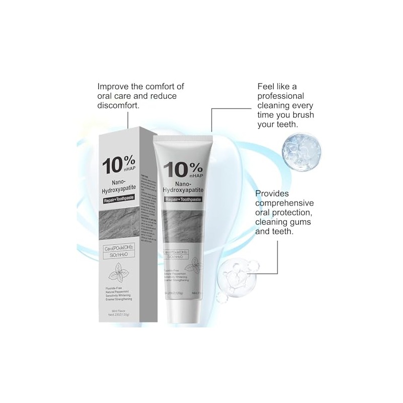 Hydroxyapatite Toothpaste, 10% Nano Hydroxyapatite Toothpaste, Natural and Fluoride-Free, Gentle