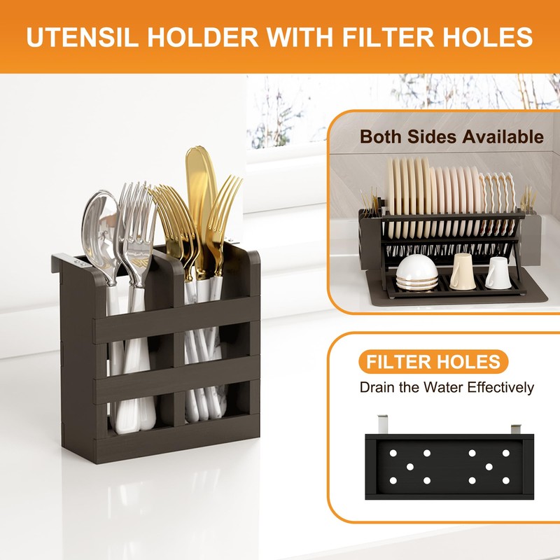 Greenual Black Bamboo Dish Drying Rack with Utensil Holder, 3