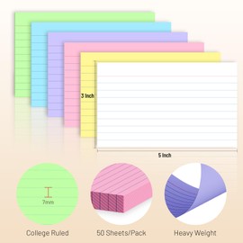 300 Count Colored Index Cards 3 x 5 Inch Ruled Index Cards, Flash Cards College Ruled for School, College, Office and Home Organization, Durable Study To Do List Note Cards with Ruled Lines