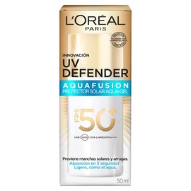 L'Oréal Paris Protector Solar Diario FPS50+ UV Defender Aquafusion, Protector Solar Aqua-Gel, Previene Manchas Solares y Arrugas, Absorcion rapida en 3 segundos, 50ml