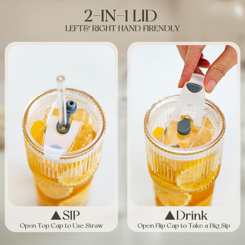 KEMORELA 6-Pack Ribbed Glass Tumblers with Lids & Straws –