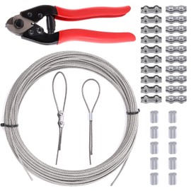 Swpeet 42Pcs Cable Cutter and 100ft Stainless Steel Wire Rope with Stainless Steel Locking and Aluminum Crimping Loop Sleeves Assortment Kit for Deck Stair Railing Strong Thick Seal Metal Fencing