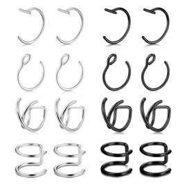 D.Bella Fake Nose Ring, Earrings, Faux Nose Rings for Women, Clip On Nose Ring, Non Piercing for Men, Lip Piercing, Ear Cuffs - Silver Black