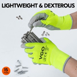 Vgo... 15Pairs Safety Work Gloves,Gardening Gloves,Polyurethane Coated,Dipping Gloves,Latex Free(Size XL,Fluorescent Yellow,PU2103)