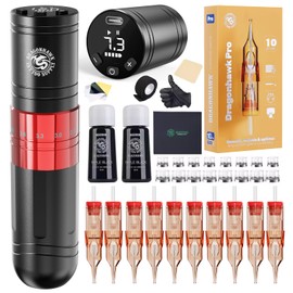 Dragonhawk A2 Wireless Complete Tattoo Gun Kit Pro Beginner Pen Machine 7 Strokes Length 2.4-4.2mm with 2 Batteries Mcore-A Motor Red Color