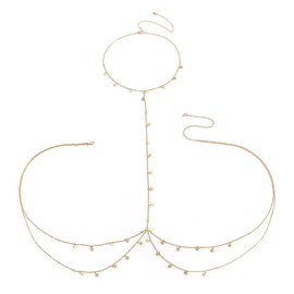 Prosy Party Sequin Bra Bikini Chain Chest Chain Harness Body Chain Summer Beach Nightclub Jewellery Adjustable for Women and Girls (Gold)