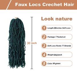 Soft Locs 36 Inch 7 Packs Crochet Hair Faux Locs Pre-looped Super Lightweight Goddess Locs Synthetic Crochet Hair Braids For Black Women (M-Green, 36 Inch (Pack of 7))