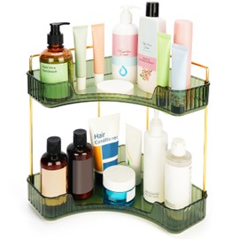 BELLE VOUS Bathroom Corner Shelf - 2 Tier Corner Shelf for Bathroom or Kitchen - Cosmetic Shelf for Cosmetics Accessories Makeup Spices - Holder in Green Gold