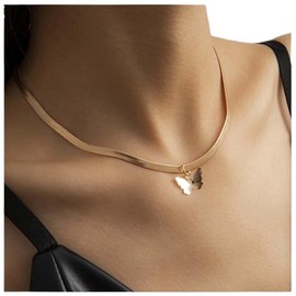 Yheakne Boho Butterfly Pendant Necklace Gold Herringbone Necklace Snake Chain Necklace Chunky Omega Chain Necklace Chain Jewelry for Women and Girls
