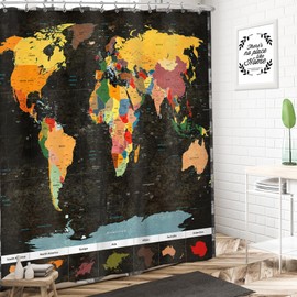 LIGHTINHOME Vintage World Map Shower Curtain 60Wx72H Inches Retro Educational Globe Geography Black Earth Technology Colorful Kids Cloth Fabric Waterproof Polyester Bathroom Home Decor Set with Hooks