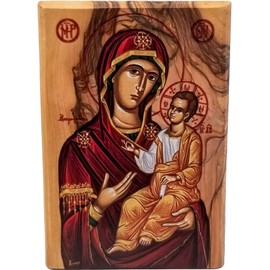 Holy Land Olive Wood Full Color Icon from Israel, Virgin Mary of Jerusalem, Handmade Wooden Standing Icon Plaque