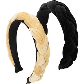 2PCS Velvet Braided Headbands for Women Non Slip Head Band Fashion Head Bands for Women Headband Hair Accessories for Women (Black，Beige, One size)