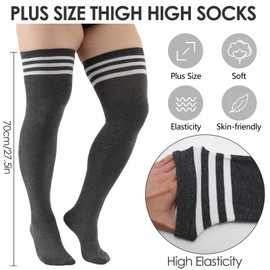 Plus Size Thigh High Socks for Women Thick Long Leg Warmer Over the Knee Stockings Cotton Blend Boot Socks (Deep Grey-White, One Size)