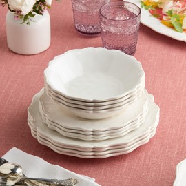 Isabella Cream 12-Piece Melamine Dinnerware Set for 4 – Crackle Glaze Plates & Bowls with Scalloped Edges, Dishwasher Safe, Durable Unbreakable Tableware for Indoor & Outdoor Dining