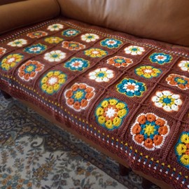 Handmade Granny Square Crochet Throw Blanket, Light Weight, Soft, Warm, Cozy, Home Decor (Khaki) 53" x30"