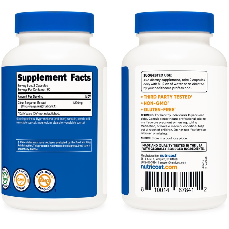 Nutricost Citrus Bergamot Capsules 1,200mg, 120 Capsules - 25:1 Bergamot