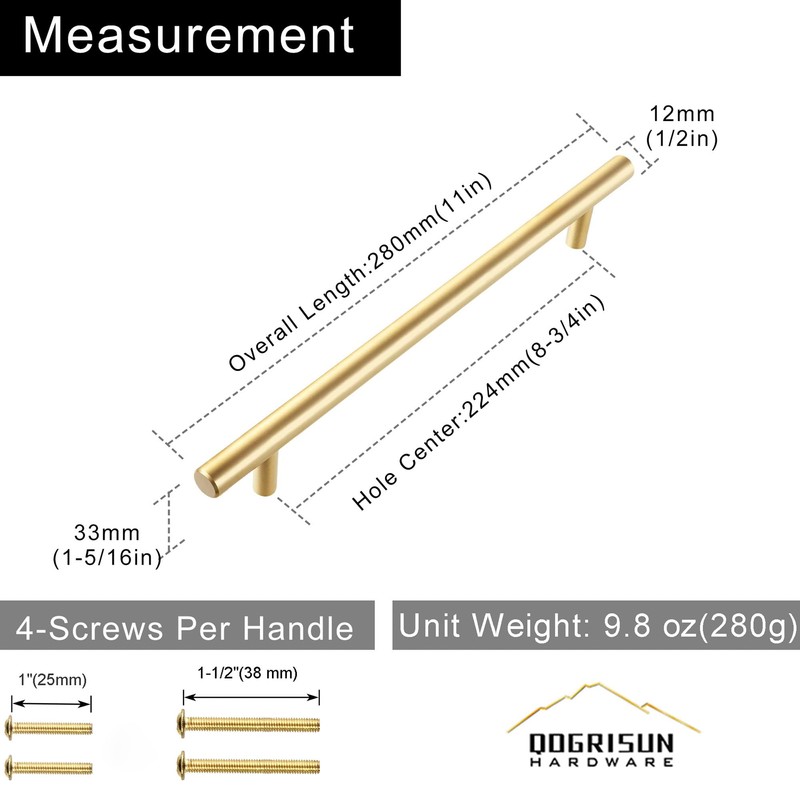 QOGRISUN 2-Pack Solid Brass Cabinet Pulls, Gold Euro Style T-Bar