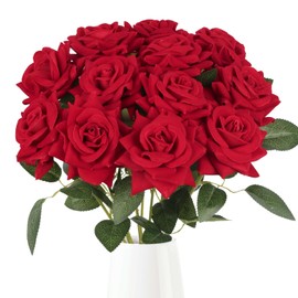 Uznaeoi 12Pcs Velvet Red Roses Long Stem Roses Artificial Flowers Fake Rose Bouquet Silk Roses Bulk for DIY Wedding Home Party Table Centerpiece Arrangement Decoration(Red)