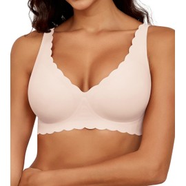 Xcutting Women No Underwire Scalloped Bras Seamless Full Coverage Supportive Push Up Bralette Comfortable Wave Wireless Padded Everyday Bra, Nude-Medium