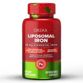 ORZAX Iron Supplement 25 mg -Liposomal Technology- High Bioavailability 90 Vegetable Capsules, Helps New Blood Cell Production, Non-Constipating, Non-GMO & Gluten Free, for Women, Men, Adults