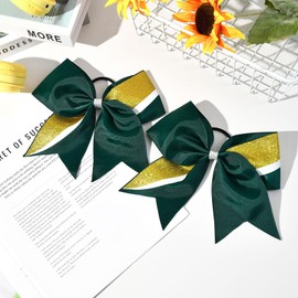 8 PCS Large Glitter Cheer Bows 8" Hair Bows Sparkly Cheerleading Softball Team Bow Hair Ponytail Holder Accessories for cheerleaders football Competition Sports- Green Gold White
