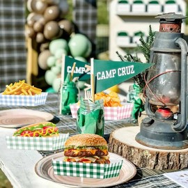 Zliisang 48 Pcs Camp Gingham Food Trays Blue Pink and Green Gingham Party Supplies Disposable Serving Tray Nacho Trays Food Boats for Camp Bachelorette Party Decorations Camp Picnic Decor