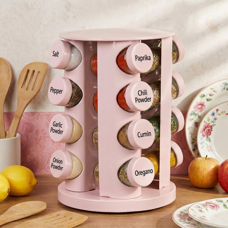 Yungyan Pink Rotating Spice Rack Seasoning Organizer with 16 Empty