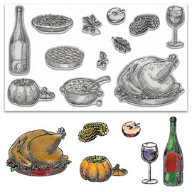 ALIBBON Thanksgiving Meal Clear Stamps for Card Making and Photo Album Decorations, Wine Turkey Stamps, Soup Pine Food Fall Leaves Transparent Silicone Rubber Stamps for Crafting and DIY Scrapbooking