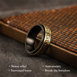 King Will Stainless Steel Spinner Wedding Band for Men 8mm Black Golden Plated Greek Key Ring Fidget Ring W(11.5)
