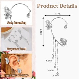 2 Pcs Butterfly Ear Cuffs Earrings for Women Butterfly Tassel Ear Wrap No Piercing Ears Clip Glitter Rhinestone Ears Jewelry for Renaissance Party Wedding Fairy Costume Cosplay Accessories (Silver)