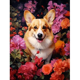 YEEIFFD 5D Diamond Painting Kits by Number for Adults Corgi Flowers Diamond Art Full Round Drill Crystal Rhinestone Embroidery Cross Stitch Craft Kits for Home Wall Decor Gift 30x40cm